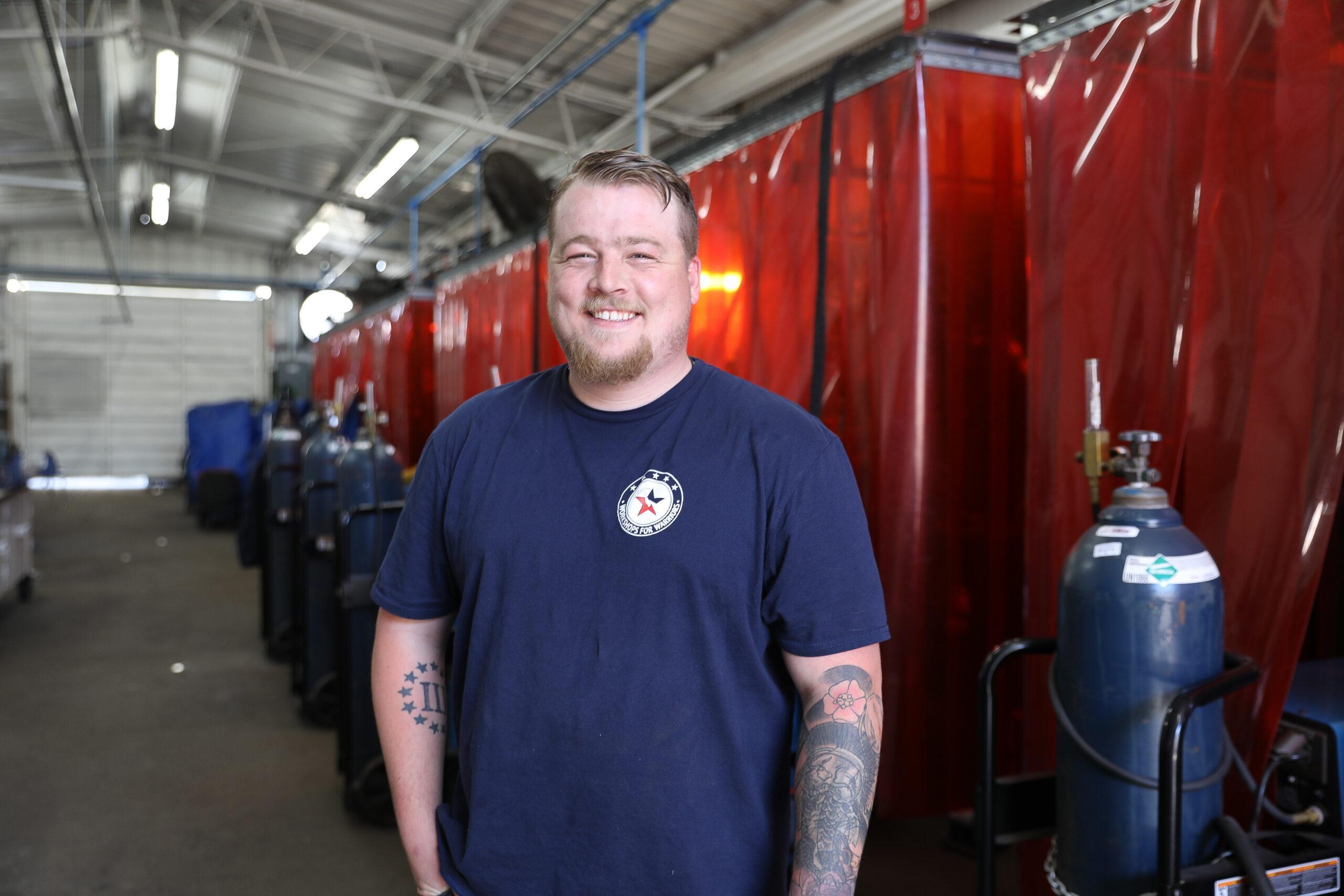 Army veteran in welding lab at Workshops for Warriors