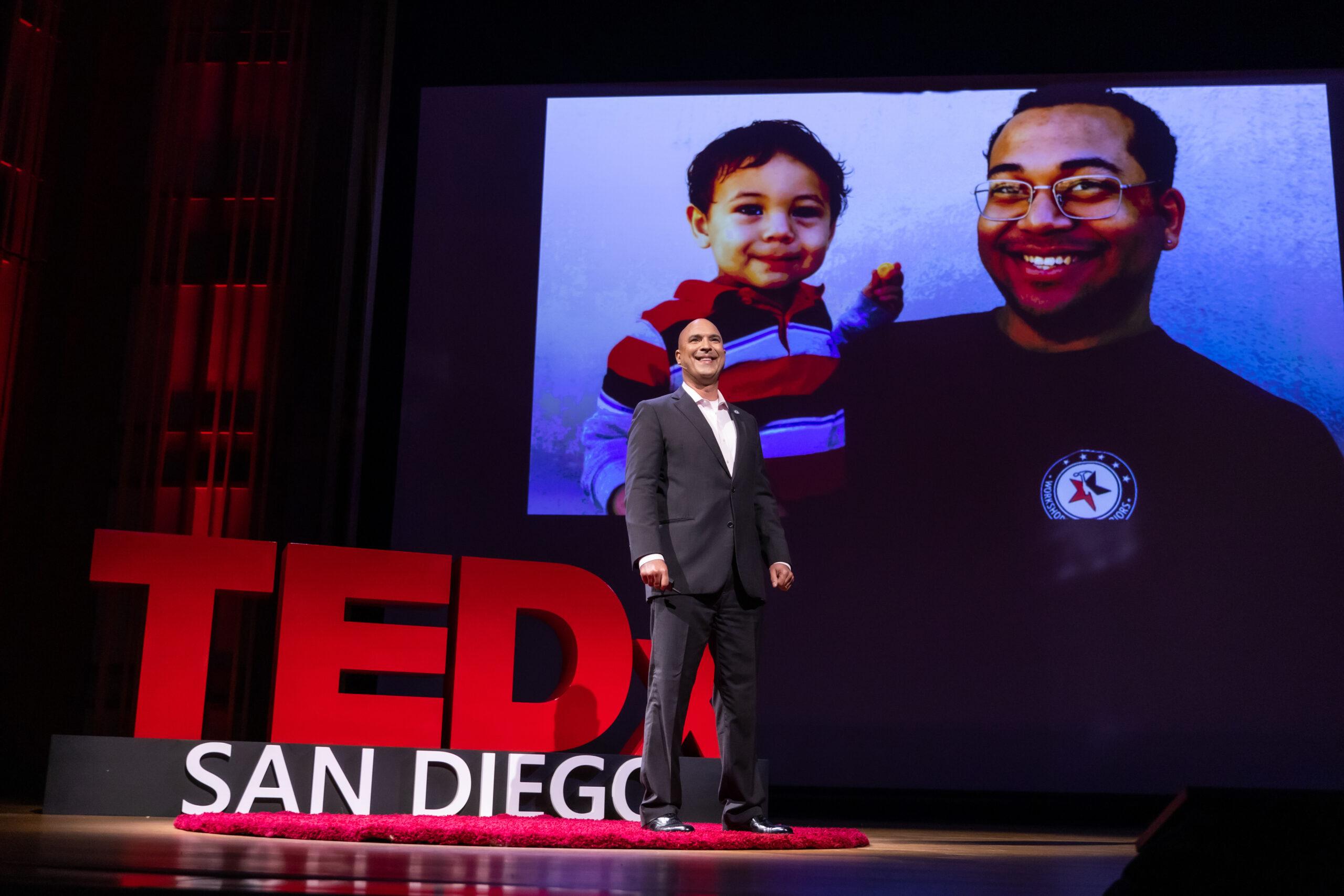 Workshops for Warriors Founder & CEO Hernán Luis y Prado presenting on the TEDx San Diego stage