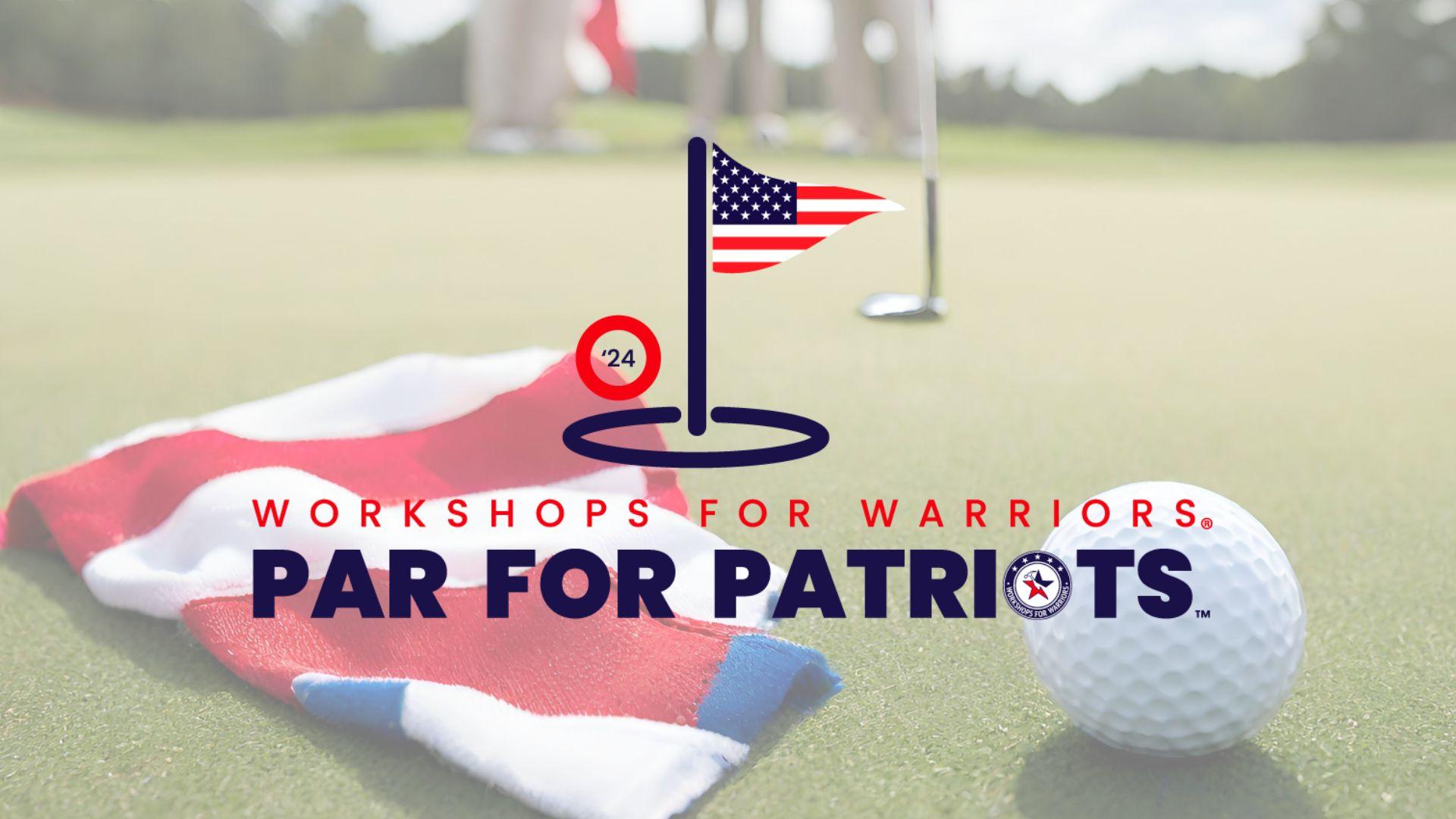 a golf ball and flag on a putting green with a logo design that says Workshops for Warriors Par for Patriots